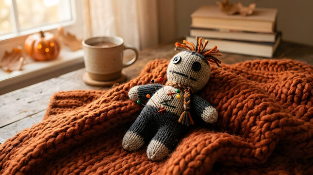 Cute knitted voodoo doll resting on a cozy brown blanket near a pumpkin and coffee mug