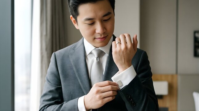 Asian groom adjusting cufflinks while wearing a formal suit for wedding