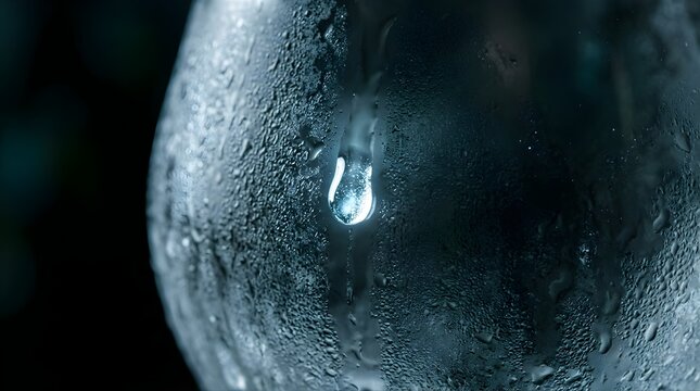 Condensed water drop on a cold glass surface with dark background