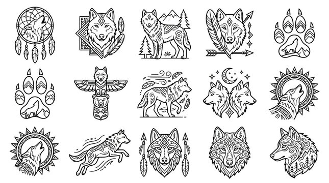Tribal Wolf Illustrations Collection Dreamcatcher Totem Paw Print Howling Running Designs