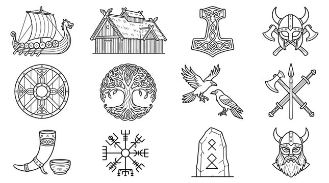 Norse Mythology Icons Viking Ship Thor Hammer Runes Tree of Life Helmet Axe Shield