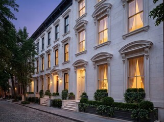 Fototapeta premium White stone townhouses with lit windows on cobblestone street