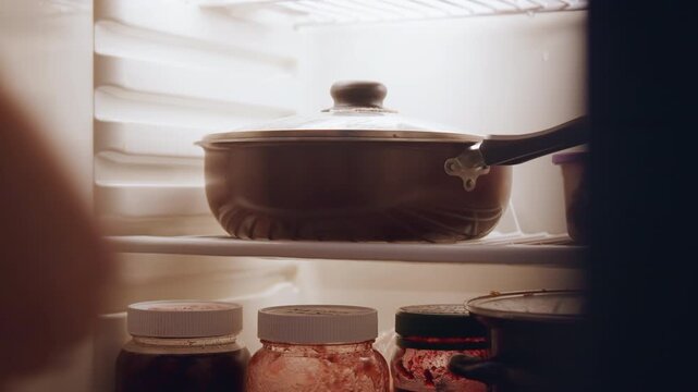 Pot placed inside fridge shelf, cooling stew after cooking covered casserole settled on middle shelf, hands setting lid, jars of preserves visible below, warm steam condensing on glass.