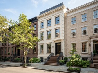 Naklejka premium White townhouse facade with black door steps garden and street tree