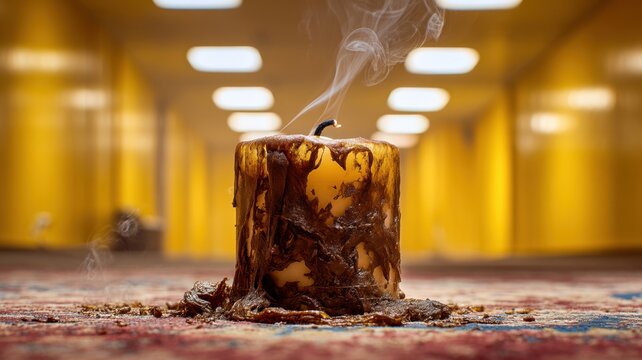 Burning Wax Candle In An Uncanny Office Maze With Blurred Ceiling Lights