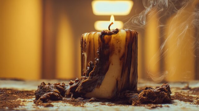 Burning Wax Candle In An Uncanny Office Maze With Blurred Ceiling Lights