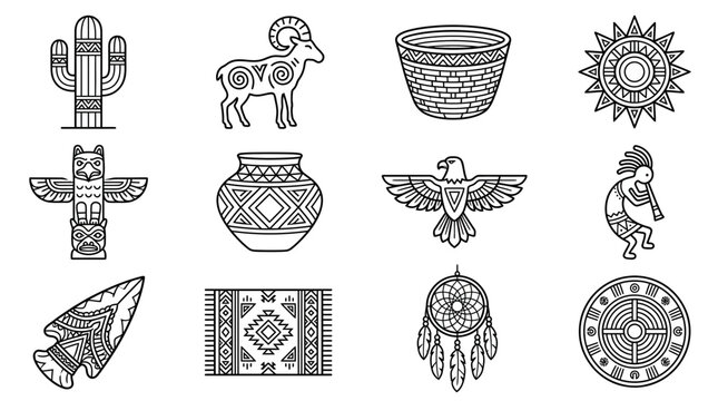 Native American Iconography Collection Cactus Totem Pole Arrowhead Eagle Sun Dreamcatcher Pottery Rug Ram Kokopelli