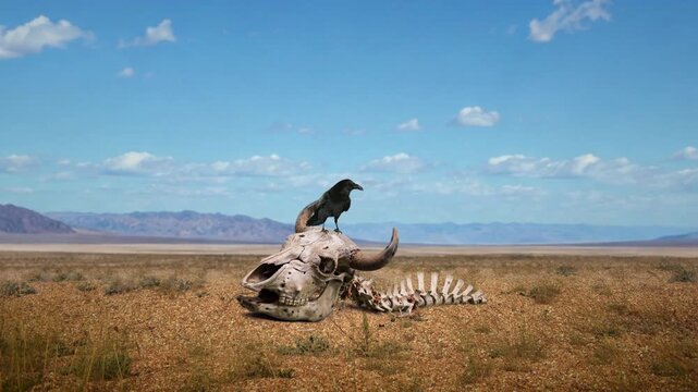 Raven on a cattle skeleton in the desert