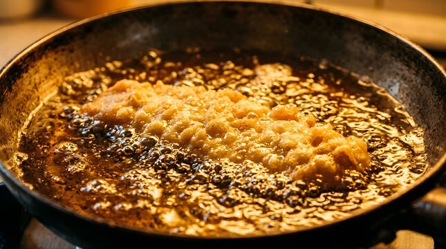 Golden crispy breaded chicken frying in hot bubbling oil in a pan