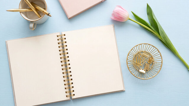 Open blank notebook with tulips and gold glasses for a cumpleanos feliz note