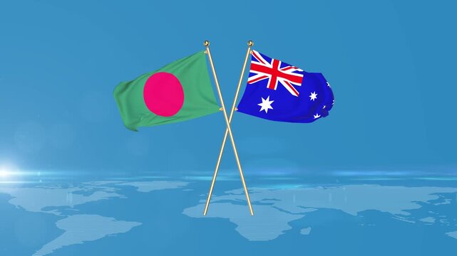 Bangladesh vs Australia flag wave animation on world map 4K. concept cricket game.