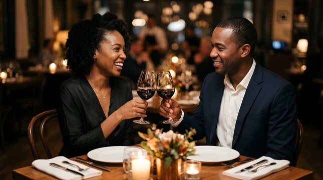 Happy black couple toasting with red wine during a romantic dinner date