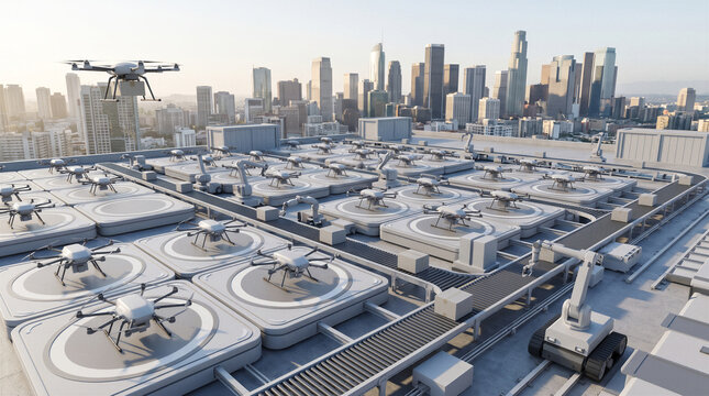 Automated drone delivery rooftop hub featuring autonomous hexacopters on landing pads with package conveyor system, modern futuristic urban logistics and city distribution skyline
