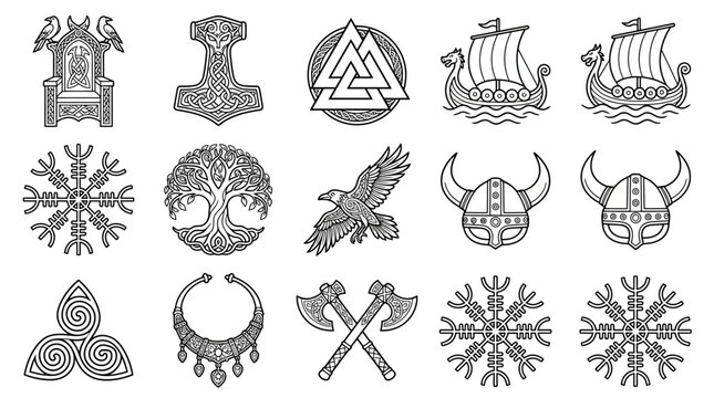 Norse Viking Symbols Collection Thors Hammer Valknut Longship Tree of Life Helm of Awe Viking Helmets Raven Throne Axes Necklace