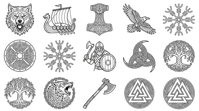 Norse Viking Symbols Collection Wolf Longship Thors Hammer Eagle Rune Shield Warrior Tree of Life Valknut Isolated