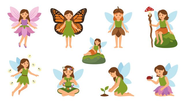 Set of nine flat design vector illustrations of woodland fairies in various poses and activities, isolated on white.