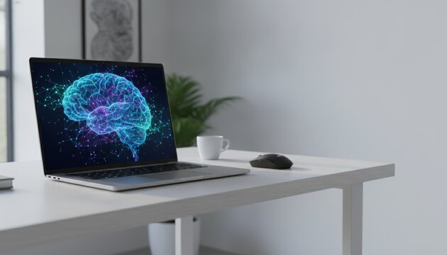 Laptop displaying artificial intelligence brain on office desk