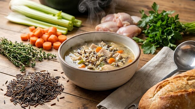 A steaming bowl of flame-chicken tortellini soup prepared with fresh ingredients like carrots, celery, herbs, and wild rice on a rustic wooden table