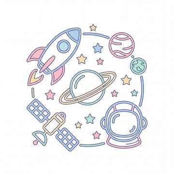 Space exploration concept with rocket, planets, satellite and astronaut helmet, line art vector