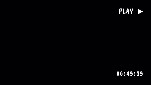 old damaged VHS tape playing, over noise from an analog TV, with a button PLAY text and timer on alpha channel. 4K Video
