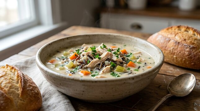 A steaming bowl of creamy flame-chicken tortellini soup served with fresh rustic crusty bread in a cozy kitchen setting for a nutritious homemade meal
