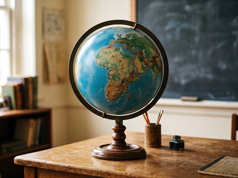 Antique globe on classroom desk with books