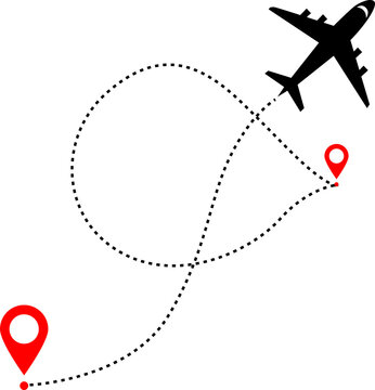 Airplane flight path with red location pins and curved dotted route PNG, Isolated on Transparent Background