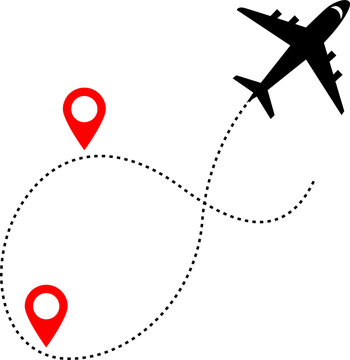 Airplane travel route with two location pins and curved dotted flight path PNG, Isolated on Transparent Background