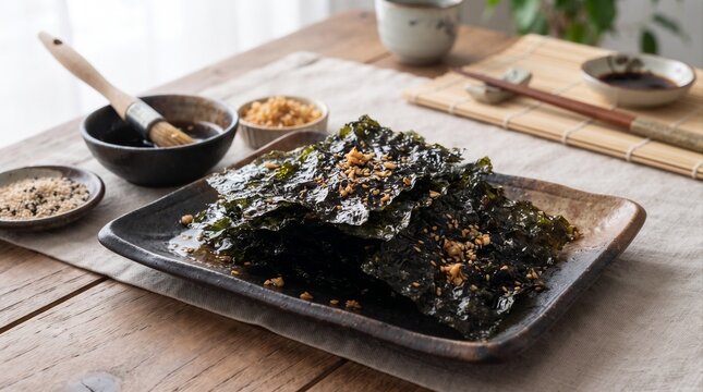 Crispy seasoned seaweed snacks with sesame seeds and dried shrimp sprinkles, perfect for a healthy and flavorful munch