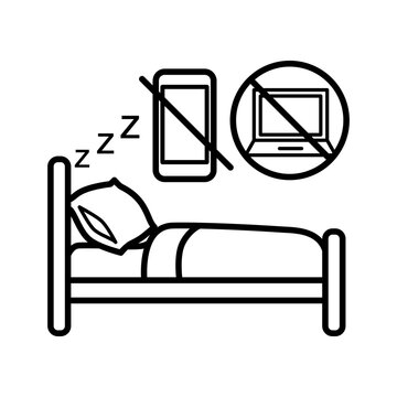 Minimalist black and white line icon showing crossed-out smartphone and laptop for digital detox and screen-free sleep habit.