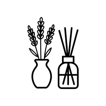 Black and white line art icon showing reed diffusers and dried plants for sleep aromatherapy and relaxing ambiance.