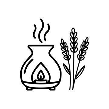 Minimalist icon depicting an oil diffuser with steam and herbs for calm essential oils and sleep aromatherapy.