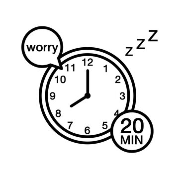 Line art icon featuring a clock set to 20 minutes and a worry bubble, representing limiting power naps for better night rest.