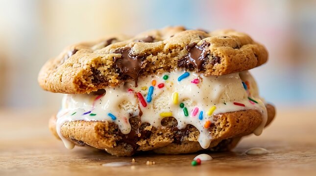 Ice Cream Cookie Sandwich Melt: A delicious chocolate chip cookie sandwich oozes with creamy vanilla ice cream and colorful sprinkles, a sweet treat melting under the warm light.