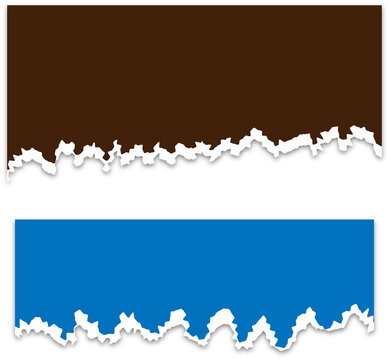 Brown and blue torn paper strips with rough edges on a flat surface