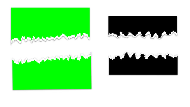 Green and black paper sheets with torn edges and ripped center