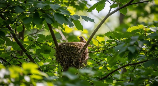 Bird Nest in Tree Surrounded by Natural Woodland Foliage