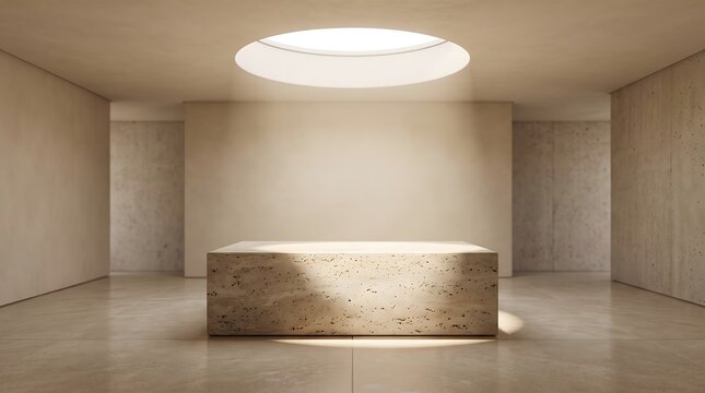 Minimalist stone cube pedestal centered in a bright, modern room with a circular skylight casting dramatic light beams.