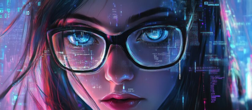 Close-up of a futuristic woman with glasses, reflecting blue digital data and code in her eyes, immersed in a vibrant cyberpunk interface.