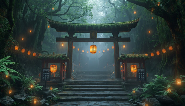 Mystical Forest Shrine Golden Torii Gate Lanterns Ethereal Banner