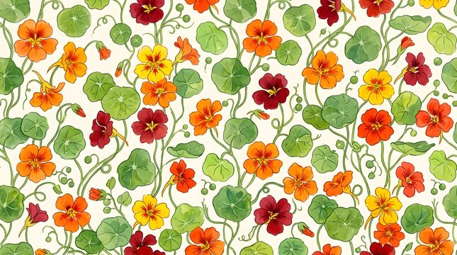 Nasturtium flowers and round leaves in a playful pattern