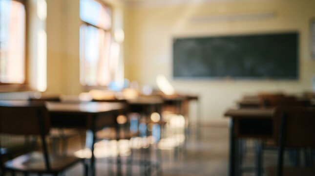 Blurred background of an empty school classroom with wooden desks, chairs, and a chalkboard in bright morning sunlight. Defocused education interior concept