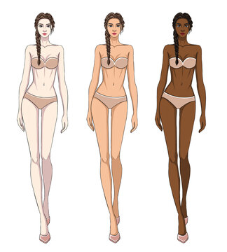 Colored skin tones fashion croquis figurines walking female body with braided hair.