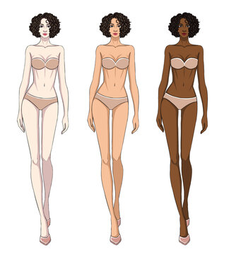 Colored skin tones fashion croquis figurines walking female body with curly short hair.