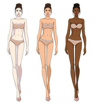 Colored skin tones fashion croquis figurines walking female body with high bun hair.