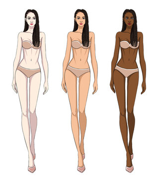 Colored skin tones fashion croquis figurines walking female body with long braids hair.