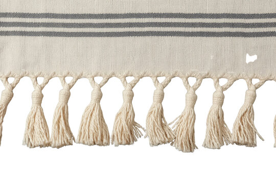 Cream woven fringe border with two gray stripes and long knotted tassels