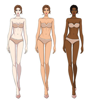 Colored skin tones fashion croquis figurines walking female body with messy bun hair.