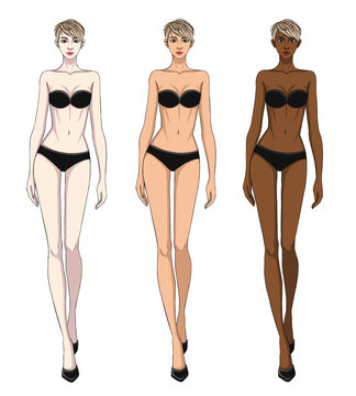 Colored skin tones fashion croquis figurines walking female body with messy short hair.