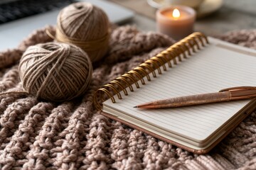 Fototapeta premium Editorial still life of soft linen surface for winter paper goods and a neutral planner.